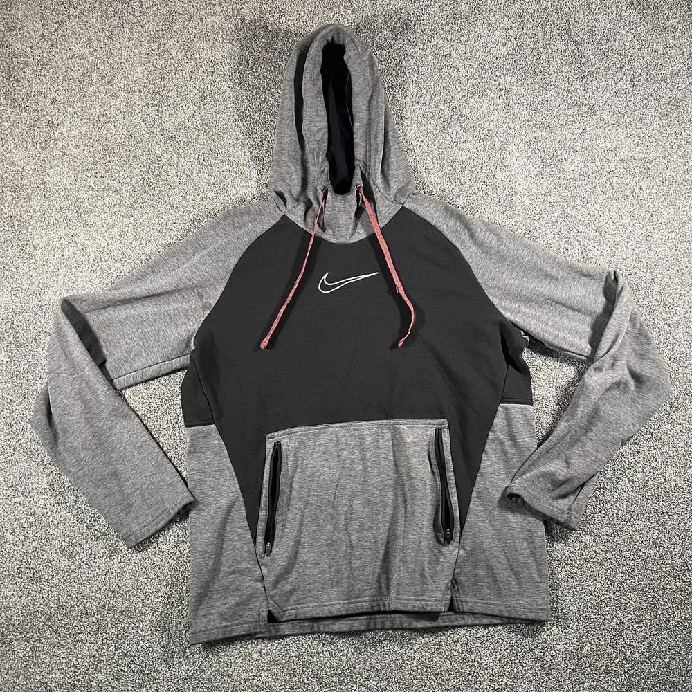 Nike Therma-FIT Hoodie Gray Black Pullover Swoosh Fleece Sweatshirt Men’s Large